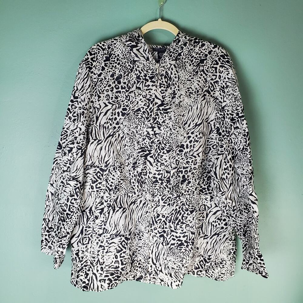 Anne Carson Womens Animal Print Full Zip Linen Hooded Jacket Size 2X